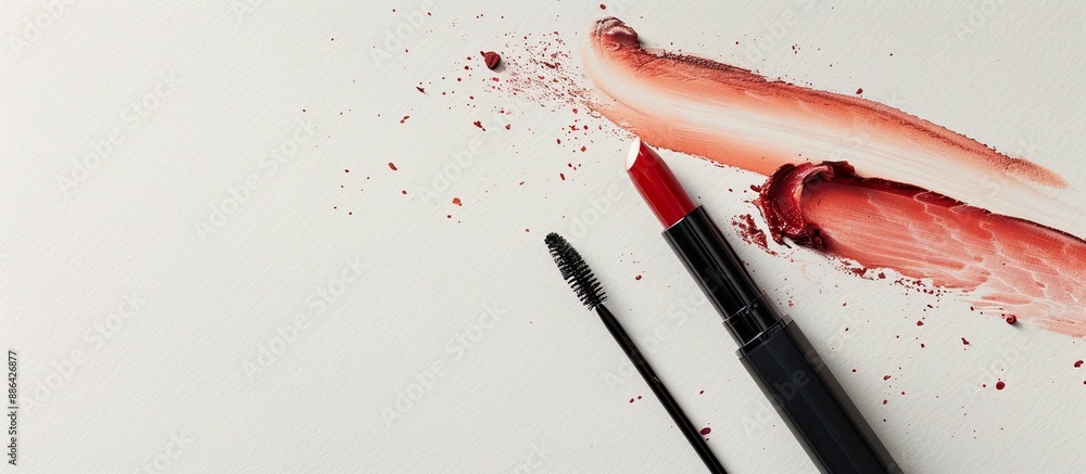 Poster top view image of eye and lip gloss on a white background with available copy space