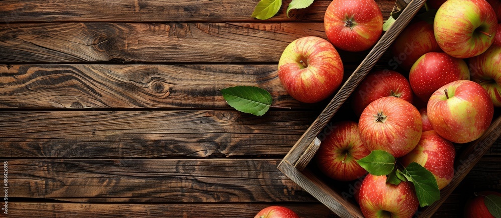 Aufkleber Top down view of a wooden crate with fresh juicy apples on a table offering room for text in the empty area beside the image. with copy space image. Place for adding text or design