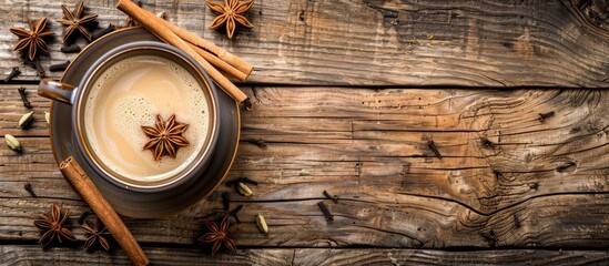 Indian masala tea with milk spices like cardamom cinnamon and star anise sweetened with cane sugar on a wooden background with copy space image