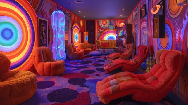 retro interior design, the room exudes groovy vibes with psychedelic patterns on s-inspired walls lava lamps in vibrant colors add a retro touch to the space