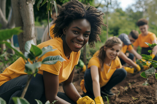 A group of diverse young people volunteering together, planting trees in a park to celebrate International Youth Day