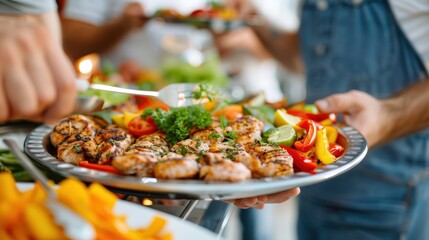 An appetizing plate filled with grilled chicken pieces, garnished with herbs, and complemented by a variety of colorful, fresh vegetables ready to be served.