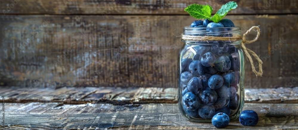 Poster A jar filled with blueberries topped with a mint leaf placed on an aged wooden table with ample copy space image