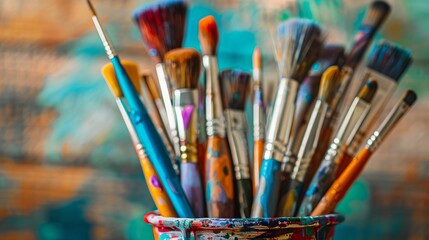 Obraz premium Paint brushes and watercolor and tempera paints arranged on a table in a workshop, with a close-up, selective focus on a wooden surface. 