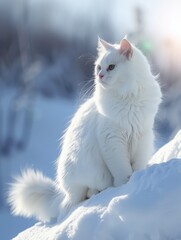 A white cat with green eyes is sitting on a snowy hill. The cat is looking at the camera, and its fur is fluffy. The scene is peaceful and serene