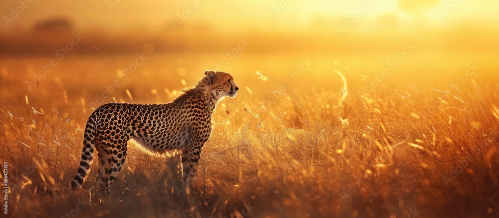Poster A cheetah in the savannah at sunset scanning for prey in the image with copy space