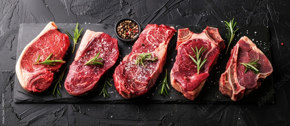 Aufkleber Top view of a selection of fresh raw Black Angus prime meat steaks like T bone New York and Ribeye with seasoning displayed on a black background to create an appealing copy space image