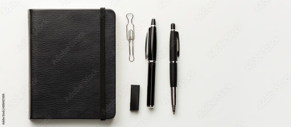 Aufkleber Top view of a corporate themed box containing a pen flash drive and notebook set against a plain white background with copy space image