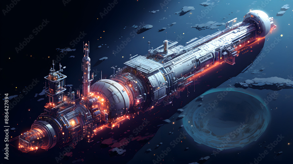 Aufkleber a futuristic spaceship floats in the darkness of space, illuminated by its own internal lights. a ne