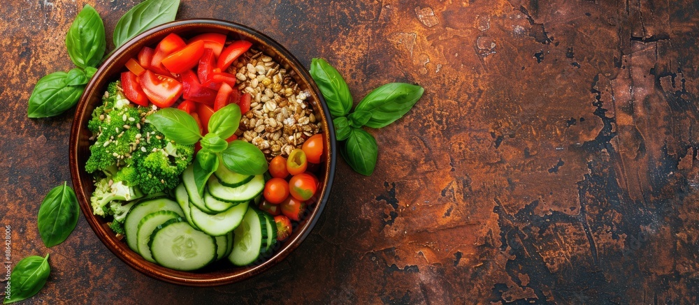 Poster top view of a bowl with a salad consisting of spelt cereal fresh seasonal vegetables like tomatoes a