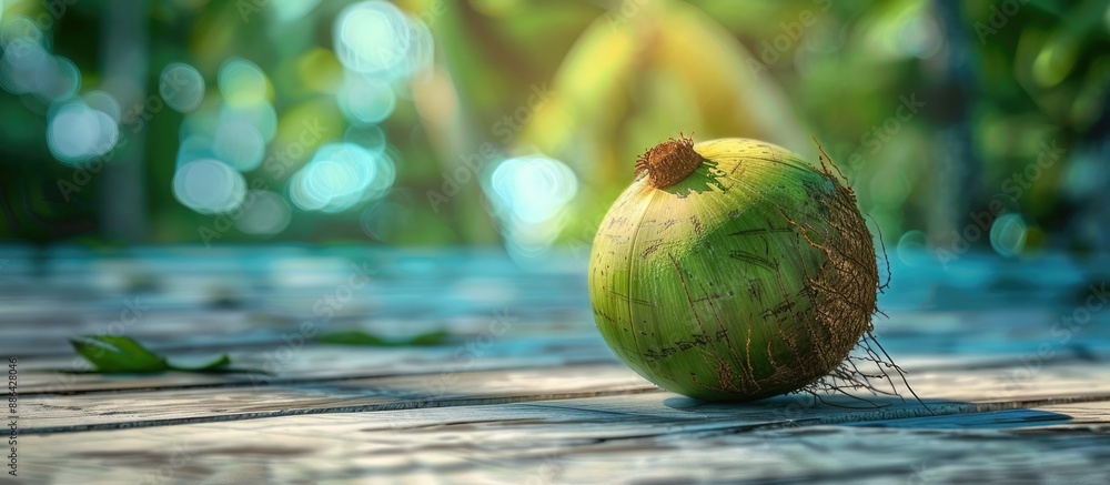 Fototapete A green coconut on a wooden surface with blurred background allowing room for text or other elements in the image. with copy space image. Place for adding text or design