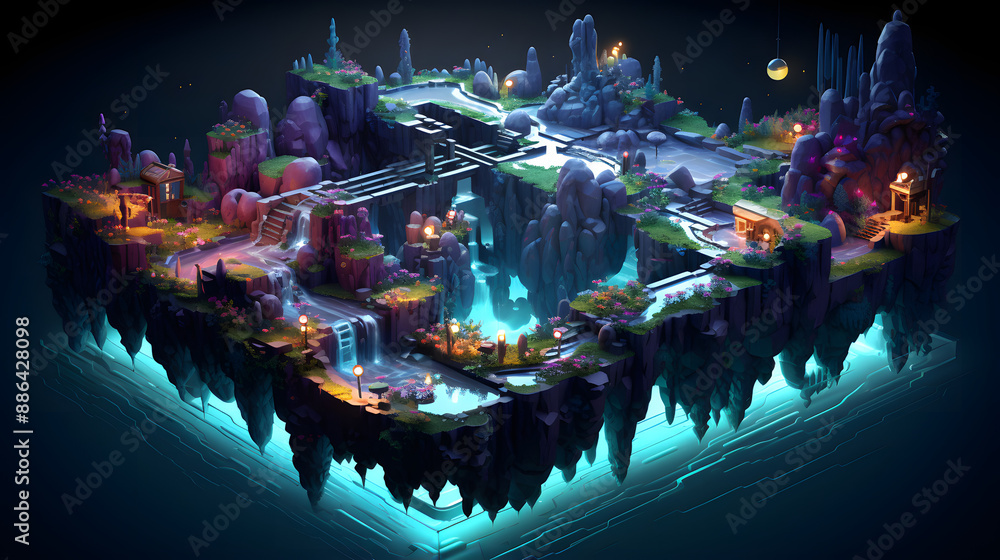 Poster a mystical floating island at night, illuminated by glowing lights and bioluminescent flora, featuri