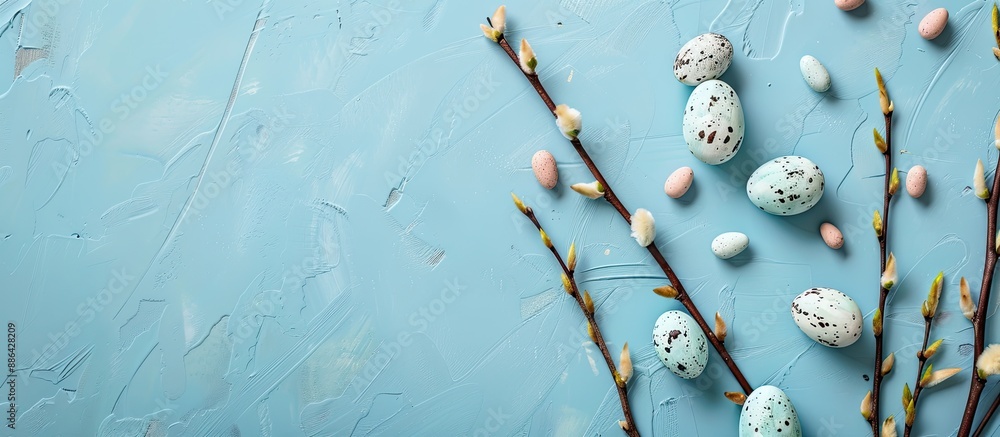 Poster Top view of a blue background with willow branch and decorative Easter eggs perfect for a copy space image