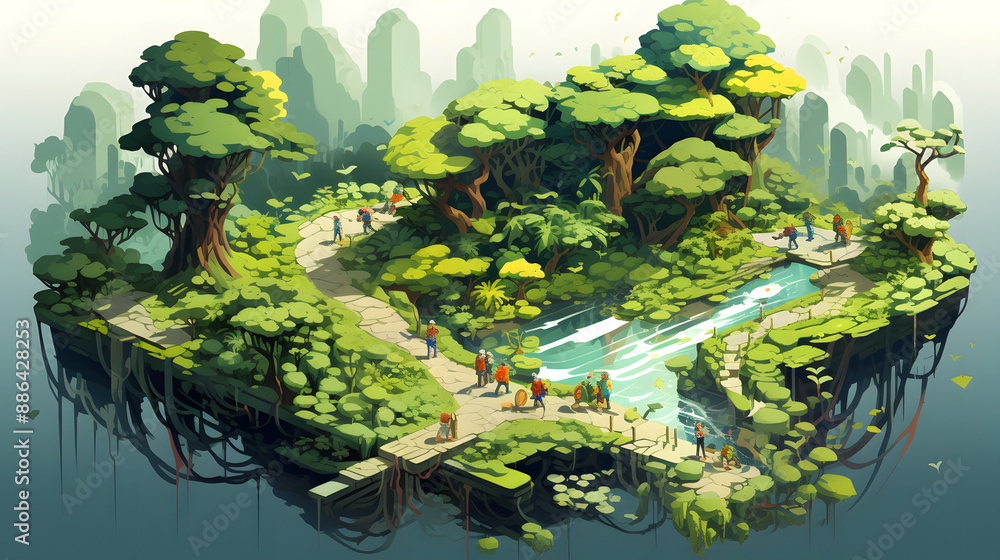 Poster a mystical floating island adorned with a vibrant jungle, traversed by adventurers navigating windin