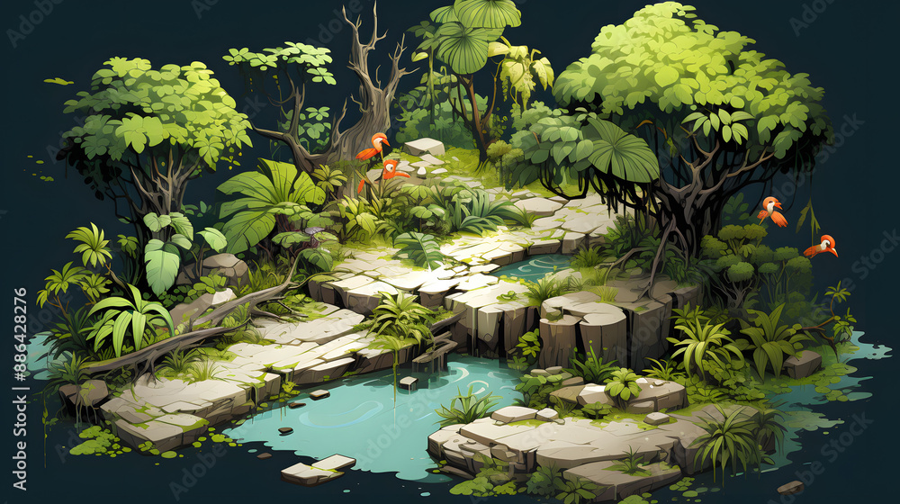 Poster an abandoned ruin is swallowed by the lush green flora of the jungle as a stone path winds its way t