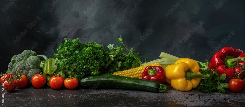 Poster vegetables like bell peppers tomatoes corn green oak zucchini and coriander displayed on a black bac