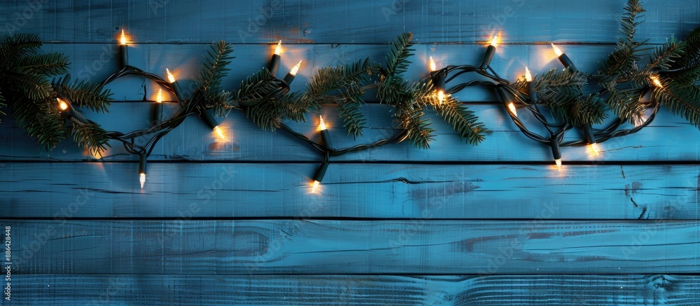 Poster Top view of Christmas garland lights on a blue wooden background with a designated area for adding text creating a copy space image