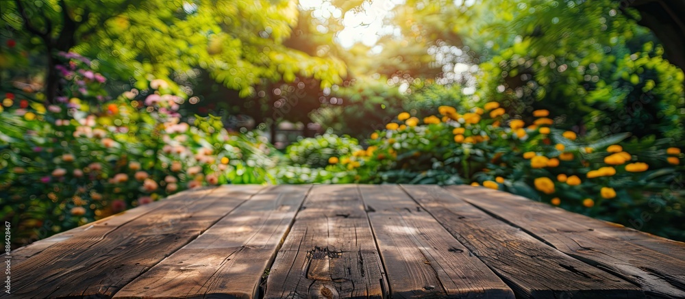 Poster a wooden table set against a garden backdrop perfect for decoration with ample copy space image