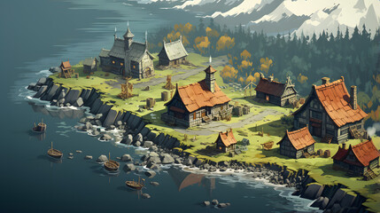 Obraz premium A small village of humble homes sits on a rocky coast by the foot of a mountain range. Several small fishing boats are pulled ashore or bob gently on the waves.