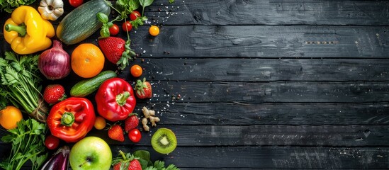 A variety of fresh vegetables and fruits are arranged in a flat lay on a rustic black wooden background creating a food concept with ample copy space image for a top view composition