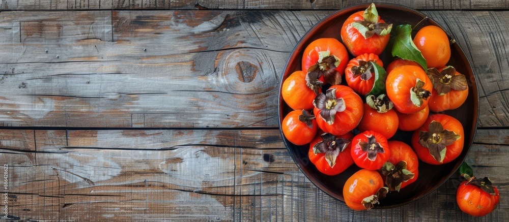 Aufkleber bowl of autumn persimmons on wooden table backdrop with dark rustic style ideal for a natural remedy