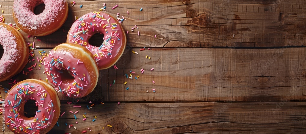 Leinwandbilder donuts are displayed on a wooden surface with copy space image available for additional content