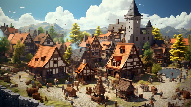 A bustling medieval town with cobblestone streets, timber-framed houses, a towering castle and villagers going about their day under a bright blue sky.