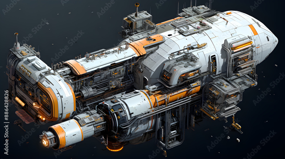 Poster a 3d render of a white and orange spaceship in the vast emptiness of space, with intricate details a