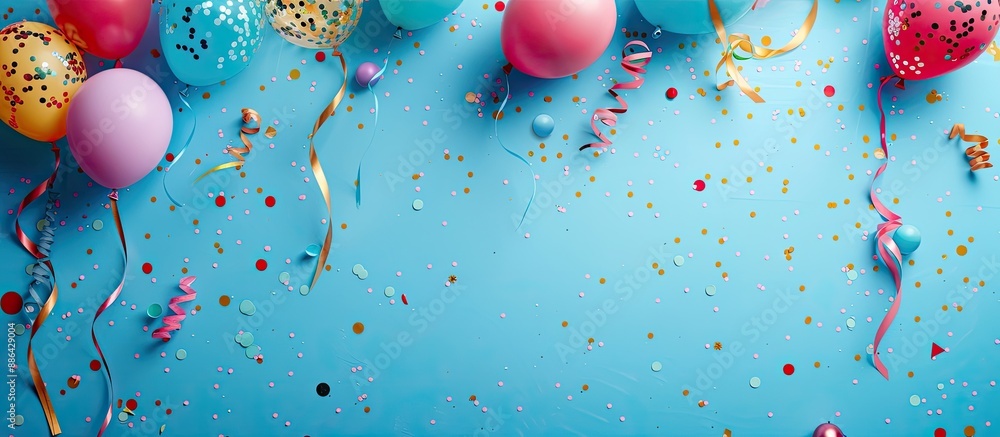 Leinwandbilder top view of a birthday or party themed image with balloons confetti and ribbons on a blue background