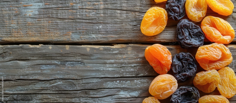 Poster wooden surface showcasing dried apricots and raisins providing a rustic backdrop for a copy space im
