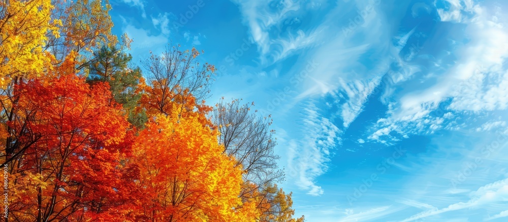 Poster nature background with autumn trees set against a blue sky with copy space image