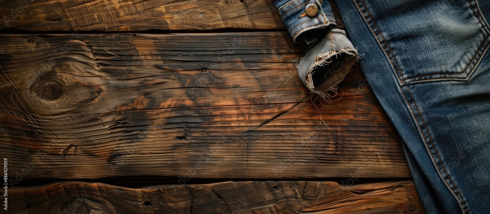 Poster Utilize a wooden texture background paired with denim jeans for adding your text or products in the copy space image