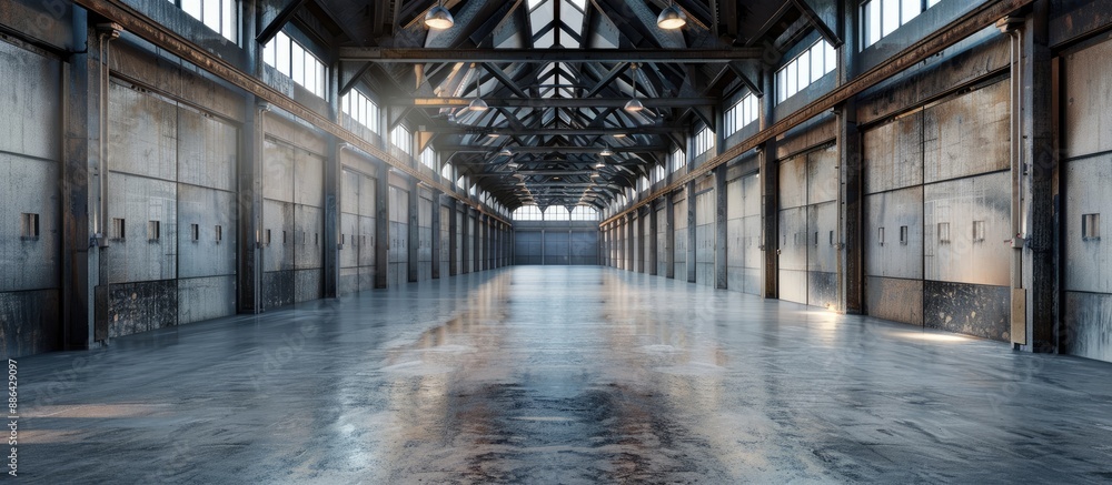 Poster sophisticated industrial design of an interior lighting truss perfect for displaying in a copy space