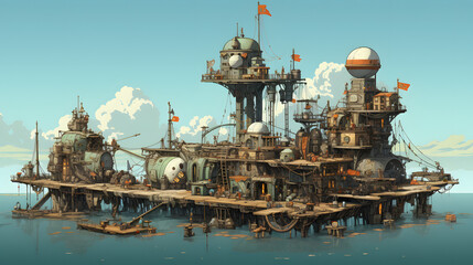 Fototapeta premium A steampunk-inspired floating city bustles with activity, its intricate structures and curious contraptions a testament to the ingenuity of its inhabitants.