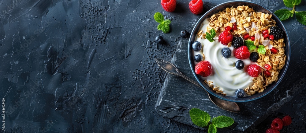 Aufkleber granola bowl with yogurt assorted toppings on stone backdrop in top view ideal for a delectable and 