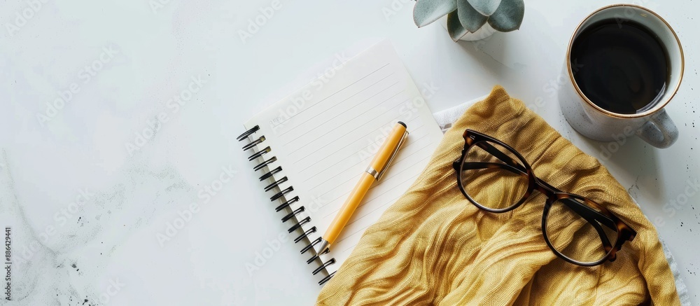 Aufkleber white background with copy space image featuring pen and notebook