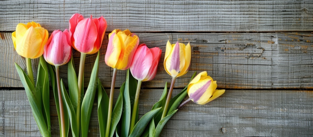 Poster pink and yellow tulips on a wooden background create a charming greeting card with copy space image