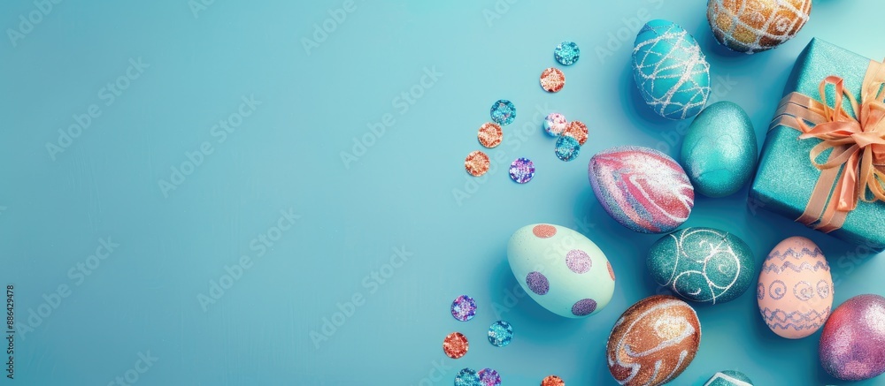 Fototapete A variety of colorful Easter eggs adorned with sequins along with a present displayed on a blue surface seen from the top with available space for text or images. with copy space image