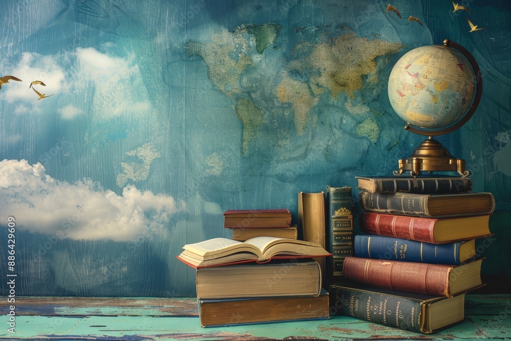 Aufkleber a stack of books on a table with a globe in the background, educational goals and aspirations