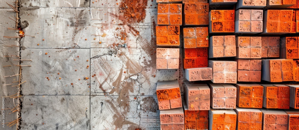Poster Aerial view of red bricks on a concrete surface at a construction site with ample copy space image