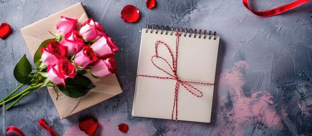 Poster Colorful background with rose flowers and a present on an empty notebook providing copy space image