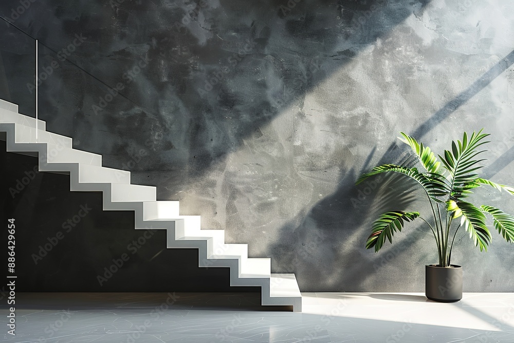 Aufkleber modern interior design with staircase and empty black mock up wall background. 3d rendering