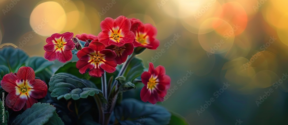 Poster burgundy primrose blooms on blurred backdrop perfect for copy space image in spring