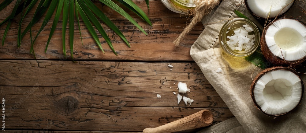 Poster coconut and coconut oil placed on a rustic wooden surface with focus on the products ideal for natur