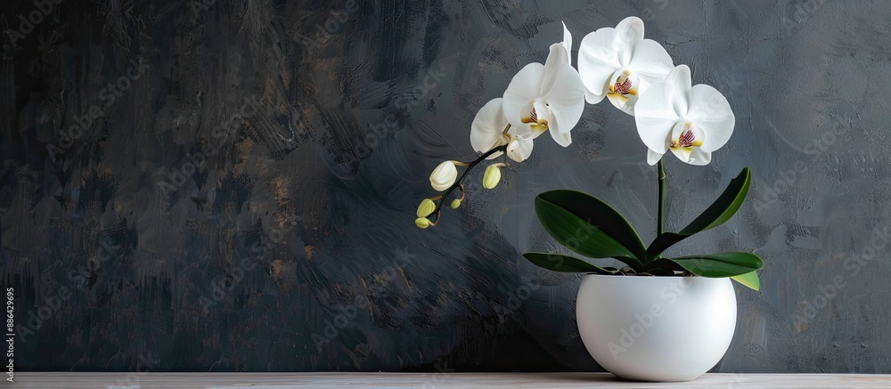 Poster Orchid in a simple pot placed on a table with available copy space image