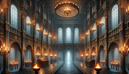 Naklejka premium Detailed dark castle interior RPG background with grand halls and eerie atmosphere