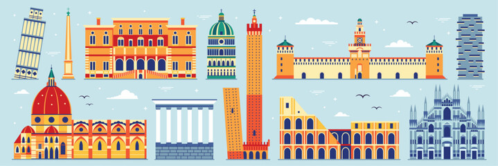 Italy Travel Banner with Italian Landmarks © krugli