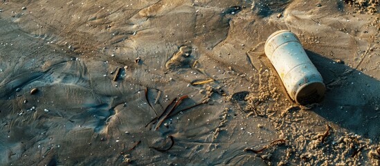 Obraz premium Dirty sandstone background with a lone dirty plastic item on the beach sand perfect for a copy space image