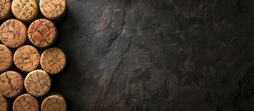 Row of wine corks on dark background with copy space image
