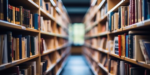 Bookshelves in library aisle filled with books. Concept of knowledge, learning, education, and research. Spacious library interior with nobody.